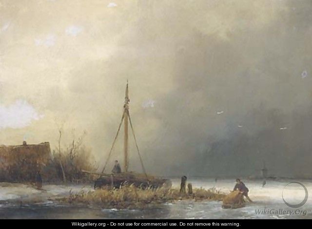 A frozen river landscape - Johannes Franciscus Hoppenbrouwers