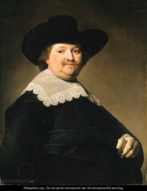 Portrait of a Gentleman, half-length, wearing a black costume with a white lace collar and a black hat - Johannes Cornelisz. Verspronck