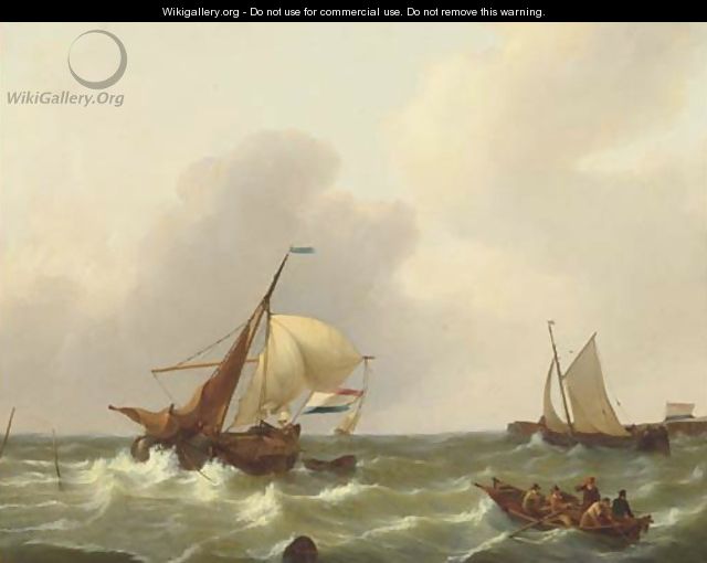 Dutch vessels on a choppy sea by a harbour entrance - Johannes Christian Schotel
