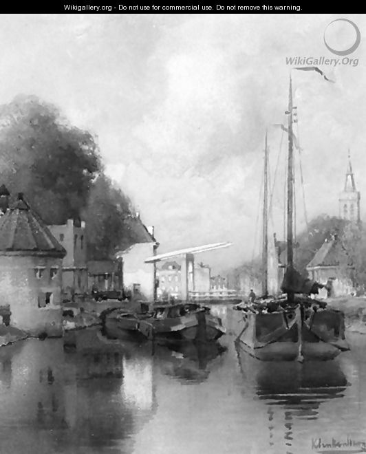 A view of a town with barges on a canal - Johannes Christiaan Karel Klinkenberg