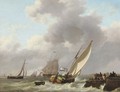 A busy day on the water near a jetty - Johannes Hermanus Koekkoek