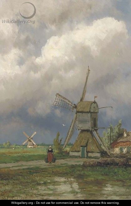 Windmills in a Dutch polder landscape - Johannes Hermanus Koekkoek