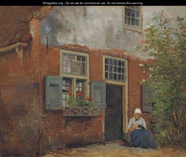 Sewing on the doorstep - Johannes Hermanus Koekkoek