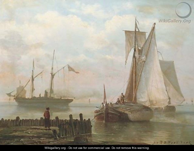 Sailing vessels and a steamship on a calm - Johannes Hermanus Koekkoek