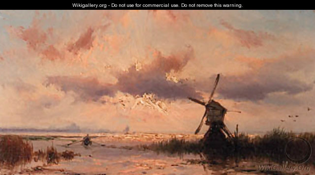 Lakeside with setting sun - Johannes Hermanus Koekkoek