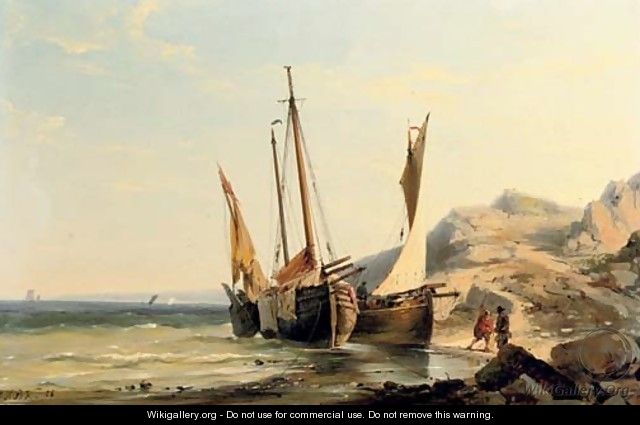 Boats moored by a rocky beach - Johannes Hermanus Koekkoek