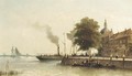 Aan de kade a steamship passing the Groot Hoofd, Dordrecht - Johannes Hermanus Koekkoek