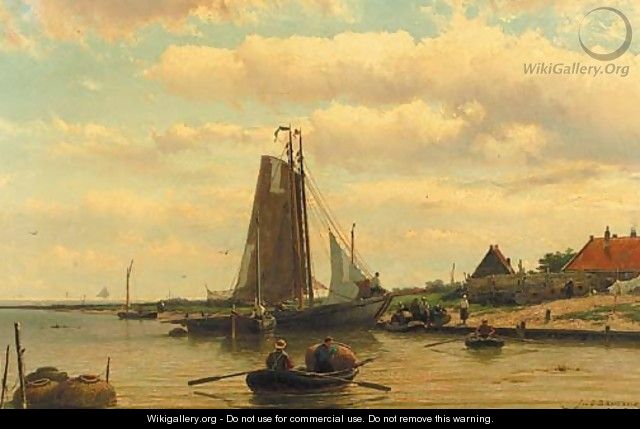 A sunny day with fisherfolk setting out fish traps - Johannes Hermanus Koekkoek