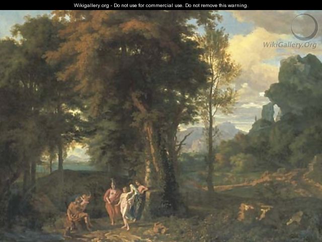 A Classical wooded landscape with the Judgement of Paris - Johannes (Polidoro) Glauber