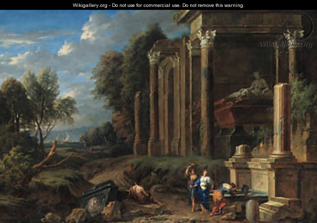 A capriccio of classical ruins in a wooded landscape, with women by a fountain by a tomb and a shepherd resting on a plinth, the sea beyond - Johannes (Polidoro) Glauber