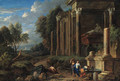A capriccio of classical ruins in a wooded landscape, with women by a fountain by a tomb and a shepherd resting on a plinth, the sea beyond - Johannes (Polidoro) Glauber