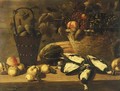 Grapes, peaches and artichokes in a basket with gherkins in a bucket - Johannes Kuveenis I