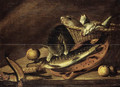 A cat eating from a haddock on an earthenware strainer on a table - Johannes Kuveenis I