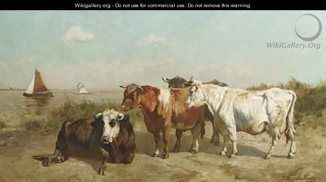 Cows on a waterside - Johannes-Hubertus-Leonardus de Haas