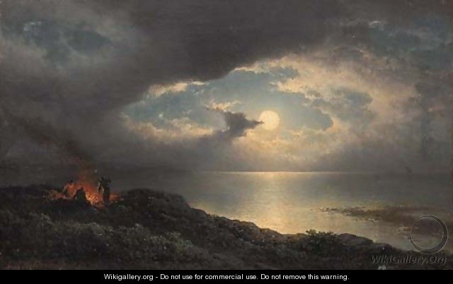 A moonlit coastal landscape with men preparing a fire - Johannes Hilverdink