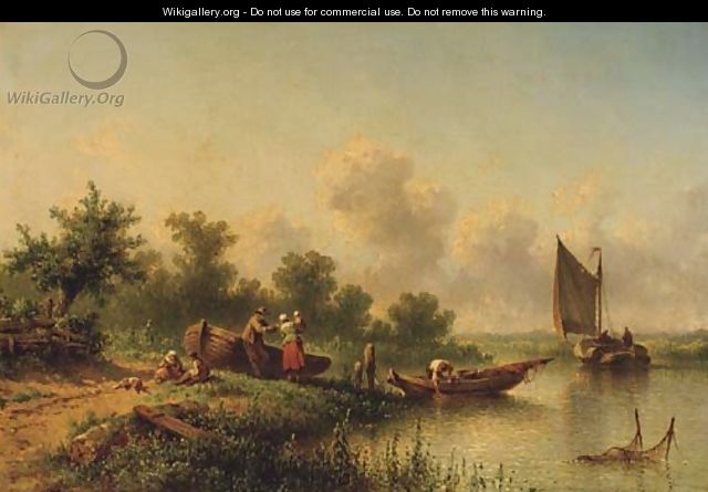 A fisherfamily standing by a river on a sunny day - Johannes Hilverdink