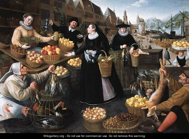 An Allegory of Autumn a fruit and vegetable stall above the Weinmarkt in Frankfurt am Main - Lucas van Valckenborch