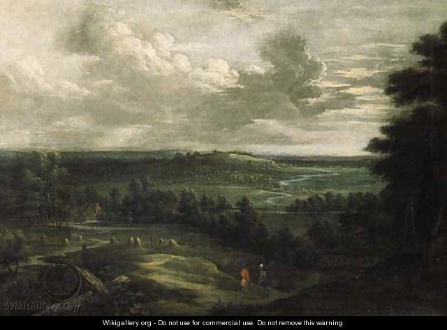 An extensive landscape in summer with an infantryman and a peasant conversing in the foreground - Lucas Van Uden