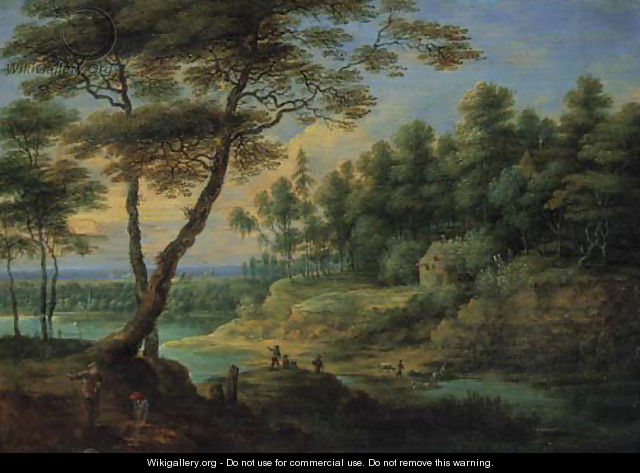 A wooded river landscape with peasants - Lucas Van Uden