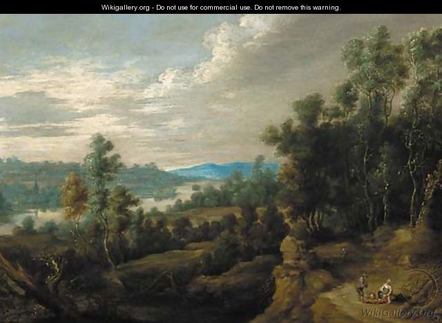 A wooded landscape with peasants resting on a road, a river beyond - Lucas Van Uden