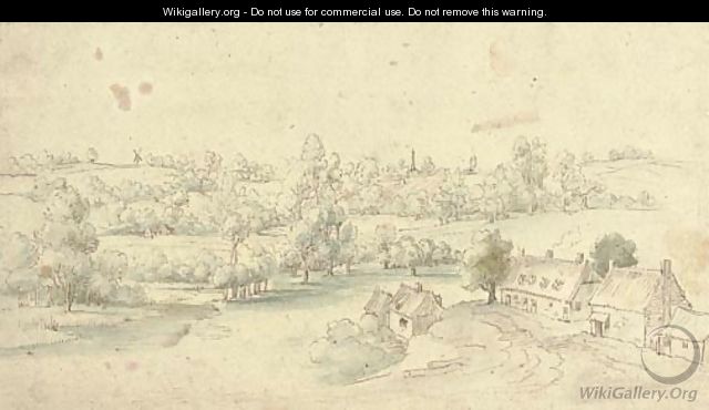 A wooded landscape with houses on a track - Lucas Van Uden