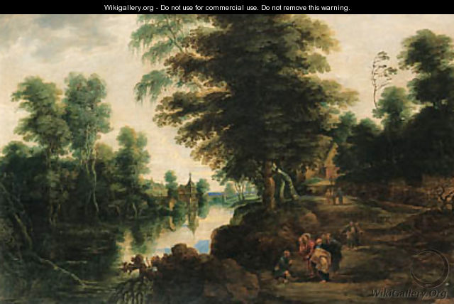 A river landscape with Christ healing the Paralytic, a village beyond - Lucas Van Uden