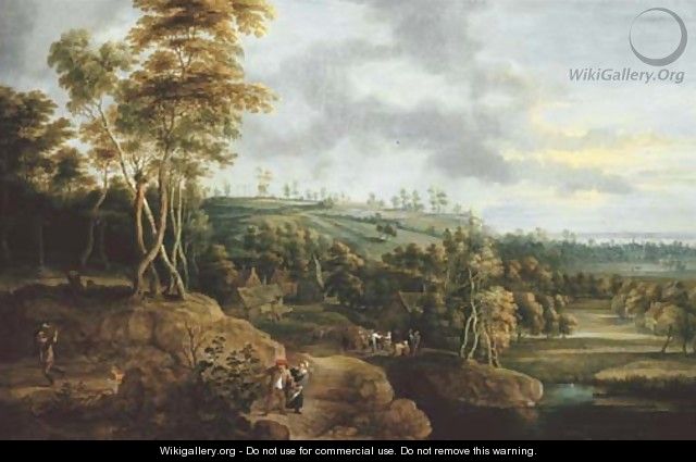 An extensive river landscape with a peasant couple in the foreground, a village kermesse beyond - Lucas Van Uden