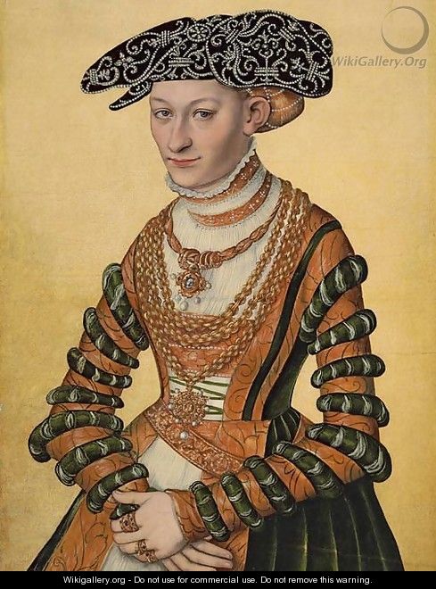 Portrait of a lady, three-quarter-length, in a green velvet and orange dress and a pearl-embroidered black hat - Lucas The Younger Cranach
