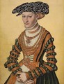 Portrait of a lady, three-quarter-length, in a green velvet and orange dress and a pearl-embroidered black hat - Lucas The Younger Cranach