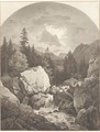 An extensive rocky landscape with a waterfall, mountains seen through clouds beyond - Adrian Ludwig Richter