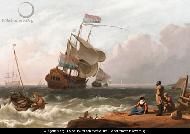 A Dutch Man-of-War in a stiff Breeze with Fisherfolk in the foreground - Ludolf Backhuyzen