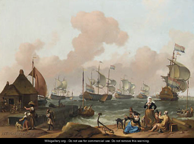 Coastal Scene with the Dutch Fleet under Way, peasants by a jetty in the foreground - Ludolf Backhuyzen