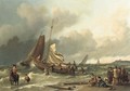 A Dutch fishing boat in a squall with an elegant man on horseback in the shallow tide, other fishing vessels beyond - Ludolf Backhuyzen