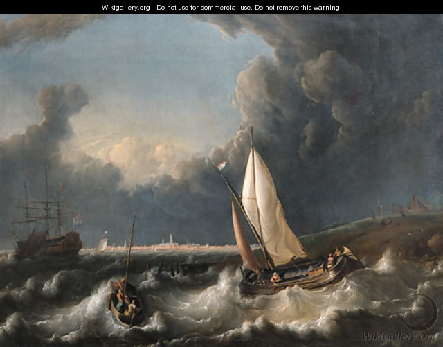 A storm off Hoorn with a wijdschip going about and a pink with its lowered sail - Ludolf Backhuyzen