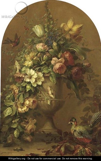 Flowers in a stoneware vase with tropical birds - Lucien Manceau