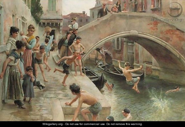 Figures on a Venetian canal - Ludwig Passini