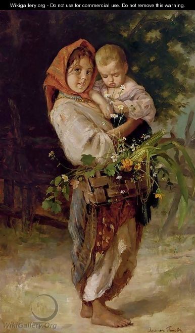 Peasant Girl with Child and Basket - Lukjan Vasilievich Popov