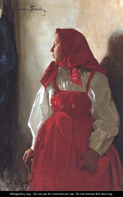 Young girl in a red sarafan - Lukjan Vasilievich Popov