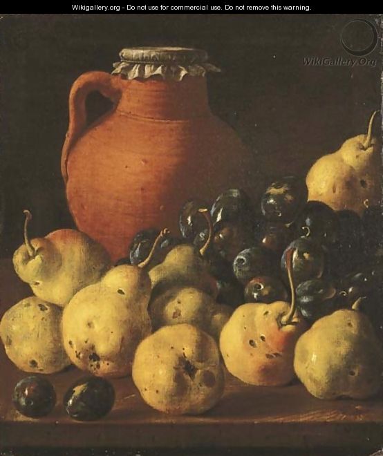 An earthenware pitcher with pears and plums on a wooden table ledge - Luis Eugenio Melendez