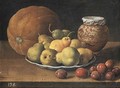 Pears on a plate, a melon, plums, and a decorated Manises jar with plums on a wooden ledge - Luis Eugenio Melendez