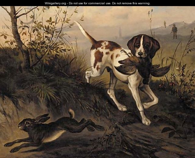 A gun dog with a pheasant chasing a hare - Luigi Vesco