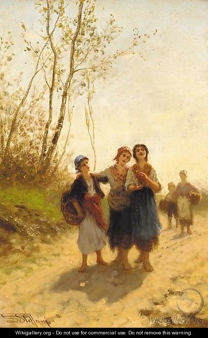 Three young country girls on a road - Luigi Steffani