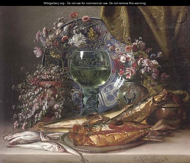 Fish on a platter, vases of summer blooms, a goblet of wine before a salver and a drape - Louis Verboeckhoven