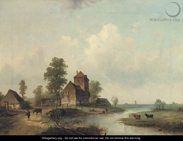 Figures by a bridge, a Dutch hamlet - Louis Smets