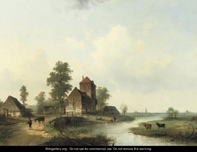 A polder landscape with figures by a bridge - Louis Smets