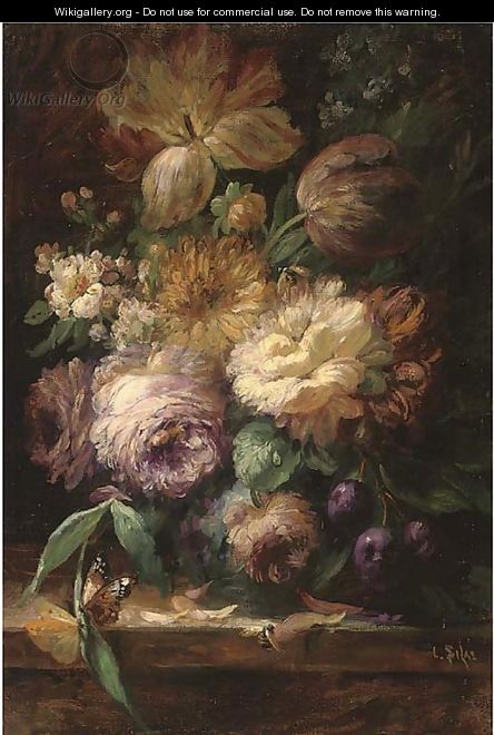 Roses and tuplips in a vase, with plums, a bee and butterfly on a stone ledge - Louis Silas
