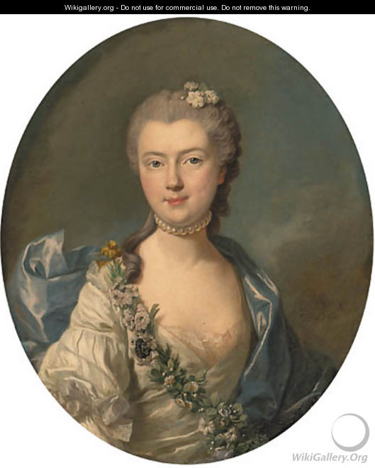 Portrait of Countess Jeanne de Chrion-Franois de Lamoignon, bust-length, in a white silk dress with a blue shawl and a garland of flowers - Louis Michel van Loo