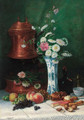 Summer flowers in a Chinese ceramic vase with fruit and pastries on a table - Louis-Michel Hadengue