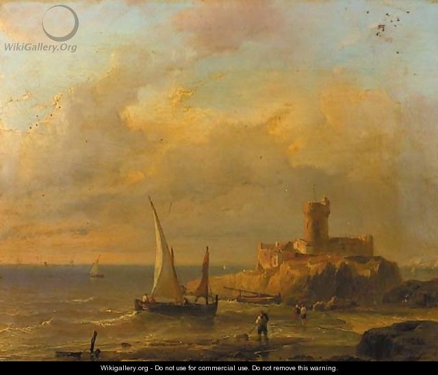 A coastal scene with fishermen, a fortress on a rocky outcrop in the background - Louis Meijer