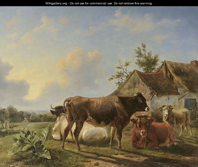 Cattle in a meadow by a farm - Louis Marie Dominique Romain Robbe